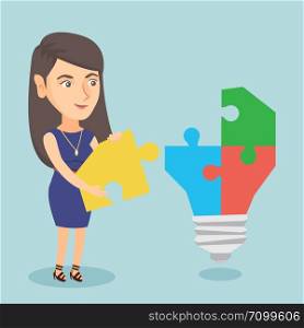 Caucasian business woman completing idea lightbulb made of puzzle. Young business woman inserts the missing puzzle in idea lightbulb. Business idea concept. Vector cartoon illustration. Square layout.. Businesswoman completing lightbulb made of puzzle.