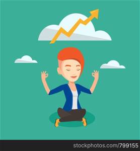 Caucasian business woman doing yoga in lotus position and thinking about the growth graph. Peaceful business woman meditating in yoga lotus position. Vector flat design illustration. Square layout.. Peaceful business woman doing yoga.