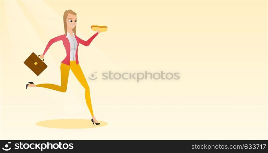 Caucasian business woman eating hot dog in a hurry. Business woman eating on the run. Young business woman running with briefcase and eating hot dog. Vector flat design illustration. Horizontal layout. Business woman eating hot dog vector illustration.