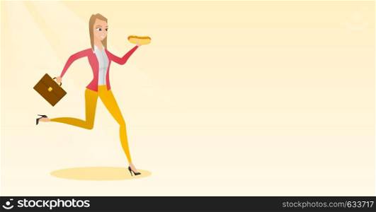 Caucasian business woman eating hot dog in a hurry. Business woman eating on the run. Young business woman running with briefcase and eating hot dog. Vector flat design illustration. Horizontal layout. Business woman eating hot dog vector illustration.