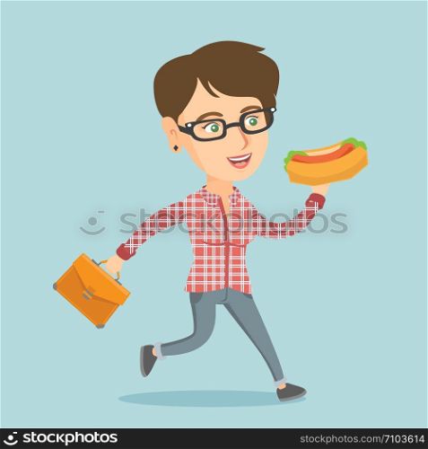 Caucasian business woman eating hot dog in a hurry. Business woman eating on the run. Young business woman running with briefcase and eating hot dog. Vector cartoon illustration. Square layout.. Caucasian business woman eating hot dog on the run