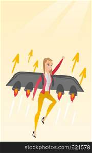 Caucasian business woman flying with a jet backpack. Young happy business woman flying on the business start up rocket. Concept of business start up. Vector flat design illustration. Vertical layout.. Business woman flying on the rocket to success.