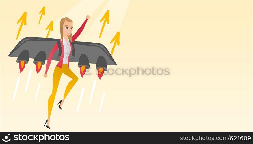 Caucasian business woman flying with a jet backpack. Young woman flying on the rocket symbolizing business start up. Concept of business start up. Vector flat design illustration. Horizontal layout.. Business woman flying on the rocket to success.