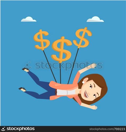 Caucasian business woman flying with dollar signs. Happy business woman gliding in the sky with dollars. Business woman using dollar signs as parachute. Vector flat design illustration. Square layout.. Business woman flying with dollar signs.