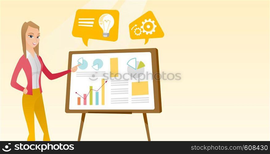 Caucasian business woman giving business presentation. Business woman pointing at charts on board during presentation. Business presentation concept. Vector flat design illustration. Horizontal layout. Business woman giving business presentation.