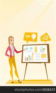 Caucasian business woman giving business presentation. Business woman pointing at charts on board during presentation. Business presentation concept. Vector flat design illustration. Vertical layout.. Business woman giving business presentation.