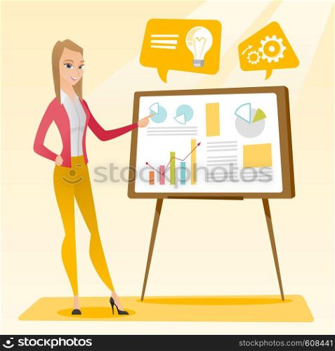 Caucasian business woman giving business presentation. Business woman pointing at charts on board during presentation. Business presentation concept. Vector flat design illustration. Square layout.. Business woman giving business presentation.