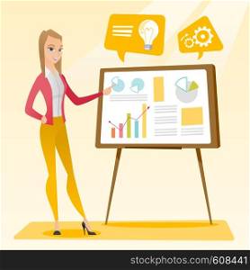 Caucasian business woman giving business presentation. Business woman pointing at charts on board during presentation. Business presentation concept. Vector flat design illustration. Square layout.. Business woman giving business presentation.
