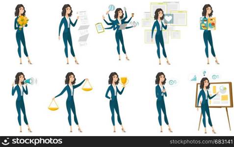 Caucasian business woman giving business presentation. Businesswoman pointing at charts on board during business presentation. Set of vector flat design illustrations isolated on white background.. Vector set of illustrations with business people.