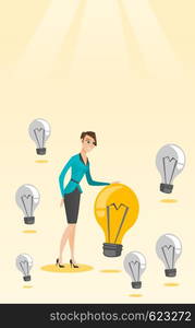 Caucasian business woman having business idea. Young business woman standing among unlit idea light bulbs and looking at the brightest idea light bulb. Vector flat design illustration. Vertical layout. Caucasian business woman having business idea.