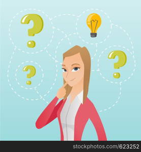 Caucasian business woman having creative idea. Business woman standing with question marks and idea light bulb above her head. Business idea concept. Vector flat design illustration. Square layout.. Businesswoman having business idea.