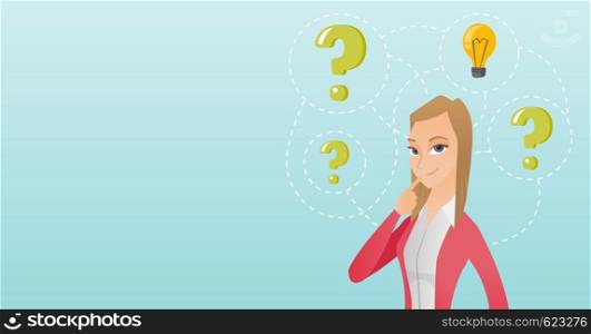 Caucasian business woman having creative idea. Business woman standing with question marks and idea light bulb above her head. Business idea concept. Vector flat design illustration. Horizontal layout. Young business woman having business idea.