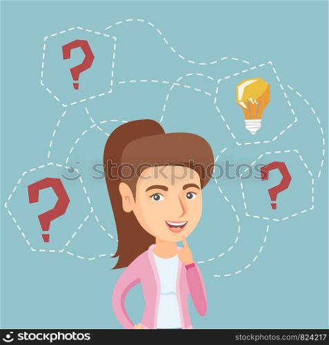 Caucasian business woman having creative idea. Young business woman standing with question marks and idea light bulb above her head. Business idea concept. Vector cartoon illustration. Square layout.. Caucasian business woman having business idea.
