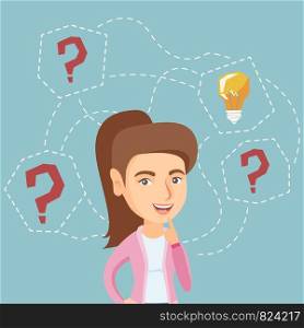 Caucasian business woman having creative idea. Young business woman standing with question marks and idea light bulb above her head. Business idea concept. Vector cartoon illustration. Square layout.. Caucasian business woman having business idea.