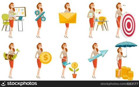 Caucasian business woman holding a big envelope. Full length of business woman holding big envelope. Business woman with envelope. Set of vector flat design illustrations isolated on white background.. Vector set of illustrations with business people.
