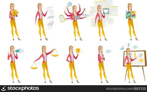 Caucasian business woman holding bouquet of flowers. Young business woman with bouquet of flowers. Business woman with flowers. Set of vector flat design illustrations isolated on white background.. Vector set of illustrations with business people.