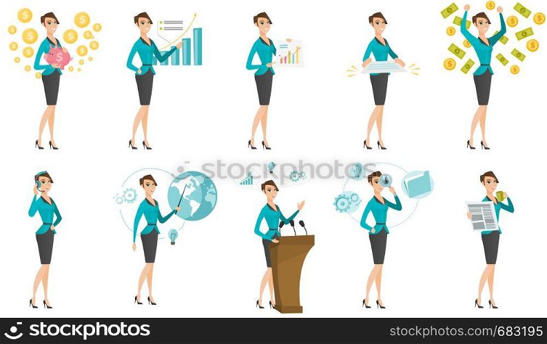 Caucasian business woman holding contract. Full length of business woman with contract. Young business woman holding contract. Set of vector flat design illustrations isolated on white background.. Vector set of illustrations with business people.
