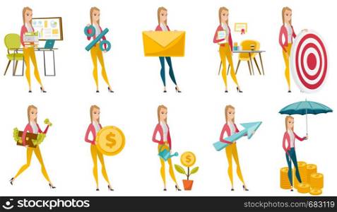 Caucasian business woman holding percent sign. Full length of business woman holding percent sign. Businesswoman with percent sign. Set of vector flat design illustrations isolated on white background. Vector set of illustrations with business people.