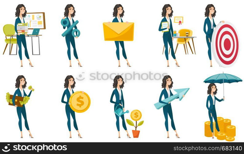 Caucasian business woman holding percent sign. Full length of business woman holding percent sign. Businesswoman with percent sign. Set of vector flat design illustrations isolated on white background. Vector set of illustrations with business people.