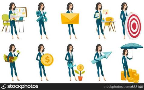 Caucasian business woman holding percent sign. Full length of business woman holding percent sign. Businesswoman with percent sign. Set of vector flat design illustrations isolated on white background. Vector set of illustrations with business people.