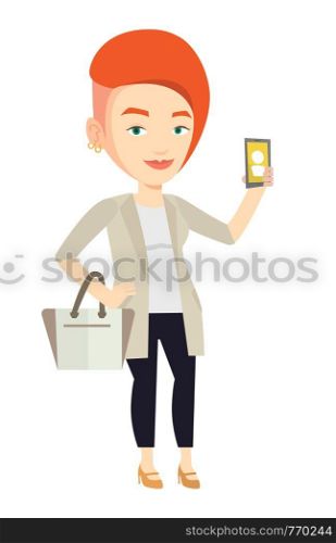 Caucasian business woman holding ringing mobile phone. Woman answering a phone call. Business woman standing with ringing phone in hand. Vector flat design illustration isolated on white background.. Woman holding ringing mobile phone.