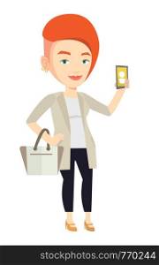 Caucasian business woman holding ringing mobile phone. Woman answering a phone call. Business woman standing with ringing phone in hand. Vector flat design illustration isolated on white background.. Woman holding ringing mobile phone.