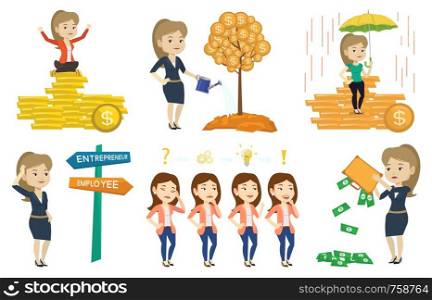 Caucasian business woman insurance agent. Female insurance agent holding umbrella over gold coins. Business insurance concept. Set of vector flat design illustrations isolated on white background.. Vector set of business characters.