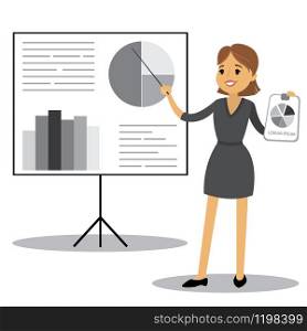 Caucasian Business woman is making a presentation,graph and chart,isolated on white background,vector illustration