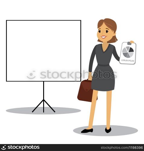 Caucasian Business woman is making a presentation,place for text,isolated on white background,vector illustration