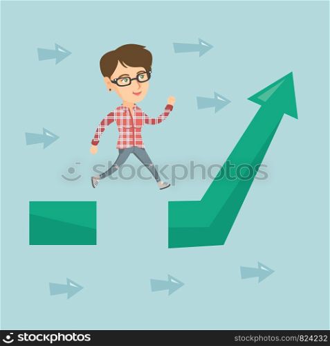 Caucasian business woman jumping over the gap of increasing arrow symbolizing business obstacle. Business woman coping successfully with business obstacle. Vector cartoon illustration. Square layout.. Business woman jumping over gap on arrow going up.