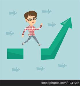 Caucasian business woman jumping over the gap of increasing arrow symbolizing business obstacle. Business woman coping successfully with business obstacle. Vector cartoon illustration. Square layout.. Business woman jumping over gap on arrow going up.