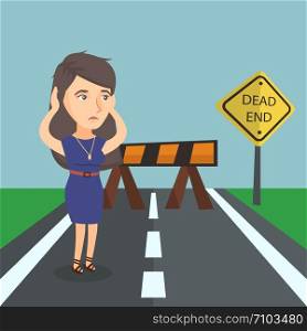 Caucasian business woman looking at road sign dead end symbolizing business obstacle. Young woman facing business obstacle. Business obstacle concept. Vector cartoon illustration. Square layout.. Businesswoman looking at road sign dead end.