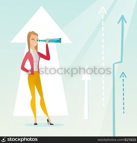 Caucasian business woman looking through spyglass on arrows going up symbolizing business opportunities. Business vision and opportunities concept. Vector flat design illustration. Square layout.. Woman looking through spyglass on raising arrows.