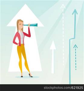 Caucasian business woman looking through spyglass on arrows going up symbolizing business opportunities. Business vision and opportunities concept. Vector flat design illustration. Square layout.. Woman looking through spyglass on raising arrows.