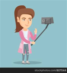 Caucasian business woman making selfie with a selfie-stick. Smiling woman taking photo with a mobile phone. Young woman taking selfie and waving her hand. Vector cartoon illustration. Square layout.. Young caucasian woman making selfie.