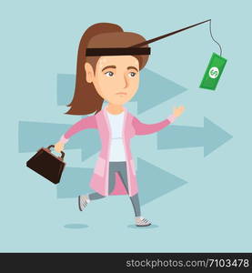 Caucasian business woman motivated by money hanging on a fishing rod. Business woman running for money hanging on a fish-rod. Business motivation concept. Vector cartoon illustration. Square layout.. Businesswoman trying to catch money on fishing rod