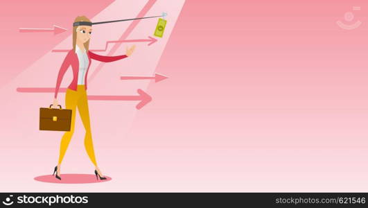 Caucasian business woman motivated by money hanging on fishing rod. Money on fishing rod as motivation for woman. Concept of business motivation. Vector flat design illustration. Horizontal layout.. Businesswoman trying to catch money on fishing rod