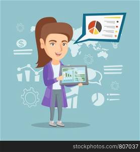 Caucasian business woman pointing at charts on a tablet computer screen. Business woman presenting report on a digital tablet on the background of graphs. Vector cartoon illustration. Square layout.. Businesswoman presenting report on tablet computer