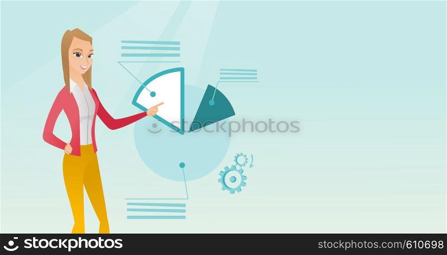 Caucasian business woman pointing at pie chart during presentation. Business woman explaining pie chart. Woman giving presentation with pie chart. Vector flat design illustration. Horizontal layout.. Business woman pointing at pie chart.