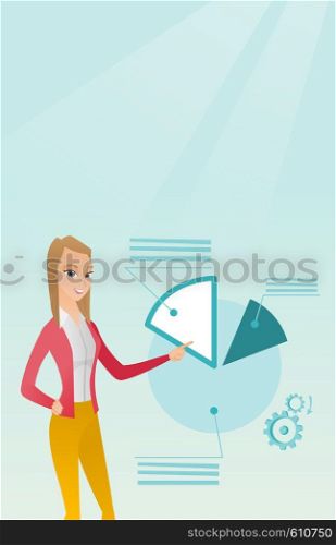 Caucasian business woman pointing at pie chart during presentation. Business woman explaining pie chart. Woman giving presentation with pie chart. Vector flat design illustration. Vertical layout.. Business woman pointing at pie chart.