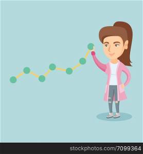 Caucasian business woman pulling up a business chart. Young business woman lifting a business chart. Vector cartoon illustration. Square layout.. Young business woman pulling up a business chart.