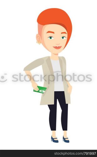 Caucasian business woman putting money bribe in pocket. Business woman hiding money bribe in pants pocket. Bribery and corruption concept. Vector flat design illustration isolated on white background.. Business woman putting money bribe in pocket.
