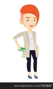 Caucasian business woman putting money bribe in pocket. Business woman hiding money bribe in pants pocket. Bribery and corruption concept. Vector flat design illustration isolated on white background.. Business woman putting money bribe in pocket.