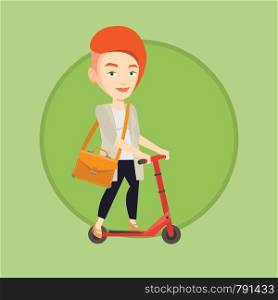 Caucasian business woman riding a kick scooter. Business woman riding to work on kick scooter. Business woman on a kick scooter. Vector flat design illustration in the circle isolated on background.. Woman riding kick scooter vector illustration.