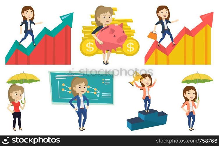 Caucasian business woman running along the profit chart. Business woman standing on profit chart. Concept of business profit. Set of vector flat design illustrations isolated on white background.. Vector set of business characters.