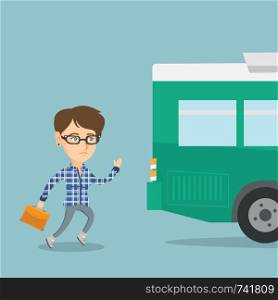 Caucasian business woman running for an outgoing bus. Young business woman chasing a bus. Latecomer business woman running to reach a bus. Vector cartoon illustration. Square layout.. Caucasian latecomer woman running for the bus.