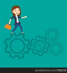 Caucasian business woman running on cogwheels. Business woman running to success. Business woman running in a hurry. Concept of moving to success. Vector flat design illustration. Square layout.. Business woman running on cogwheels.