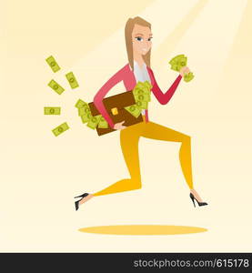 Caucasian business woman running with briefcase full of money and committing economic crime. Business woman stealing money. Economic crime concept. Vector flat design illustration. Square layout.. Business woman with briefcase full of money.