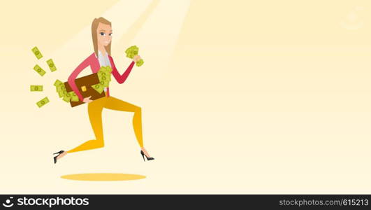 Caucasian business woman running with briefcase full of money and committing economic crime. Business woman stealing money. Economic crime concept. Vector flat design illustration. Horizontal layout.. Business woman with briefcase full of money.