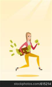Caucasian business woman running with briefcase full of money and committing economic crime. Business woman stealing money. Economic crime concept. Vector flat design illustration. Vertical layout.. Business woman with briefcase full of money.